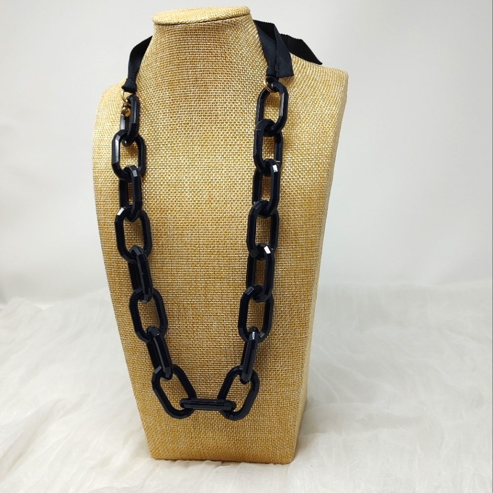 J. Crew dark blue/navy large plastic chain ribbon tie statement necklace